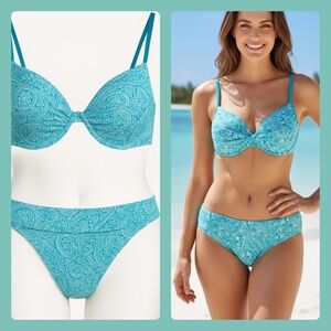 Land’s End Twist Front Bikini Top w/ Rollover Bottoms Paisley Print Size 8 NWOT